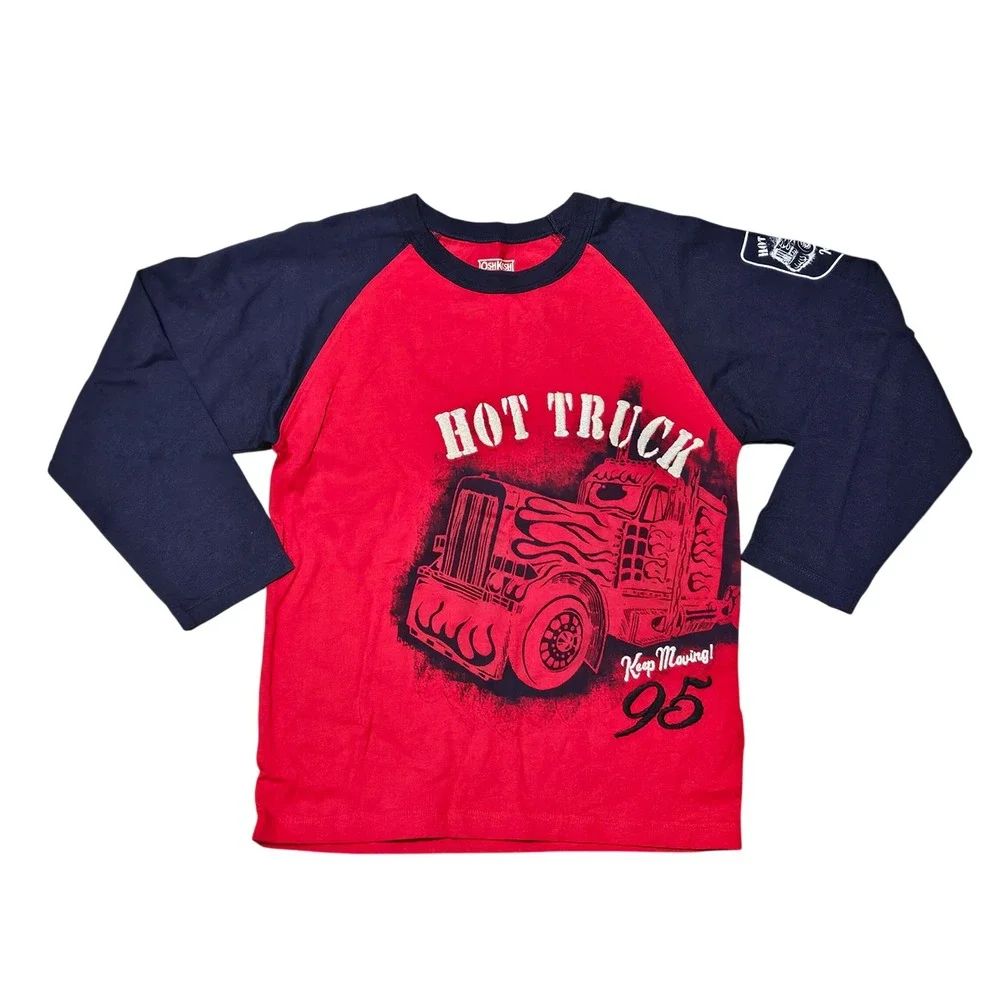 OshKosh‎ Bgosh Boys Red Navy Blue Hot Truck Raglan Long Sleeve Shirt Size 6 NEW